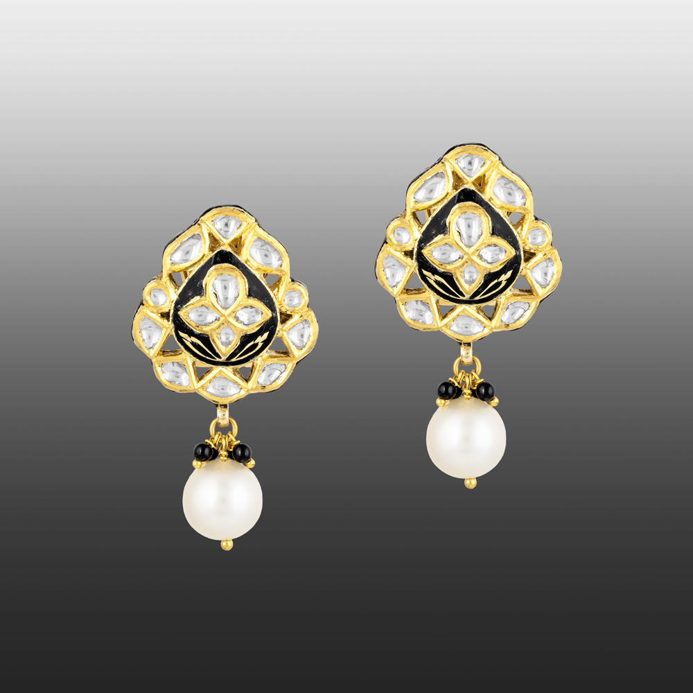 Polki Earrings with Black Enamel, Floral Motif & Pearl Drop